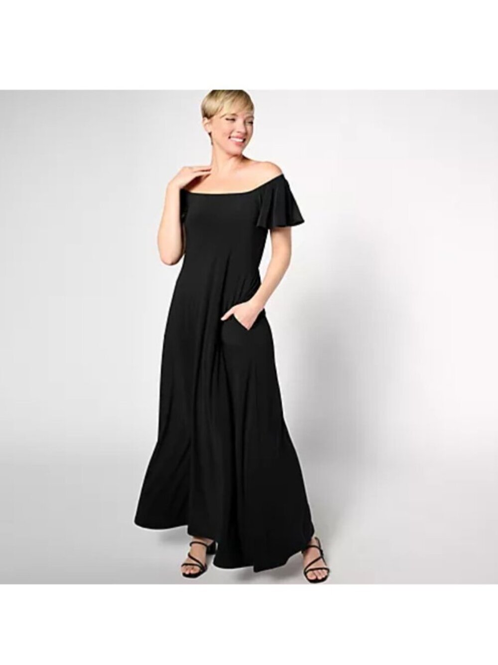 Attitudes by Renee Dress Jersey Flutter Sleeve Maxi Black A637010